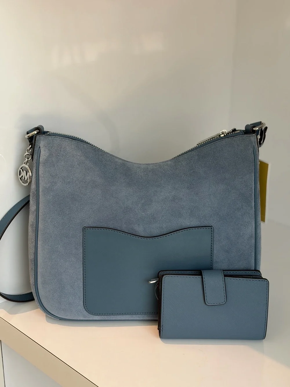 Michael Kors Blue Denim Suede Shoulder Bag with Matching Wallet Set